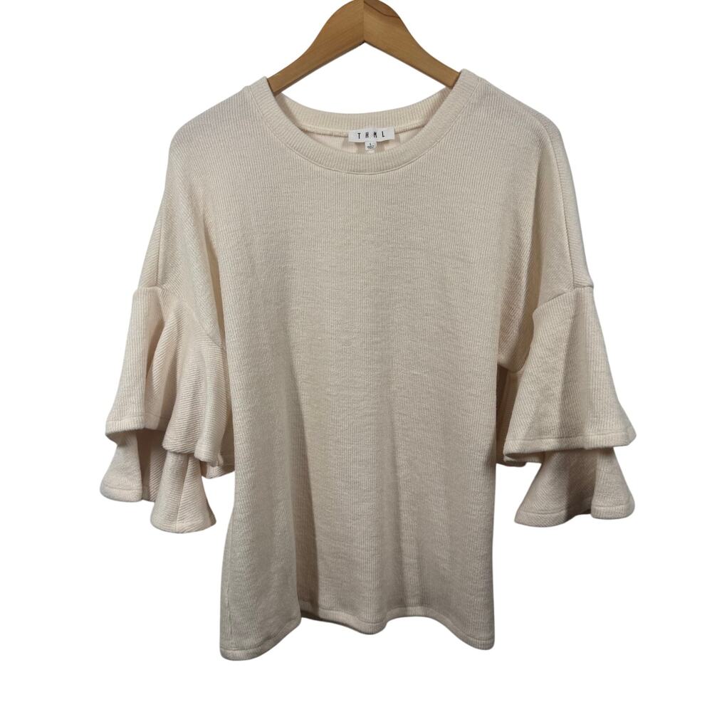 THML Sweater Women L Cream Tiered Flutter Sleeve Minimal Modest‎ Fall Transition